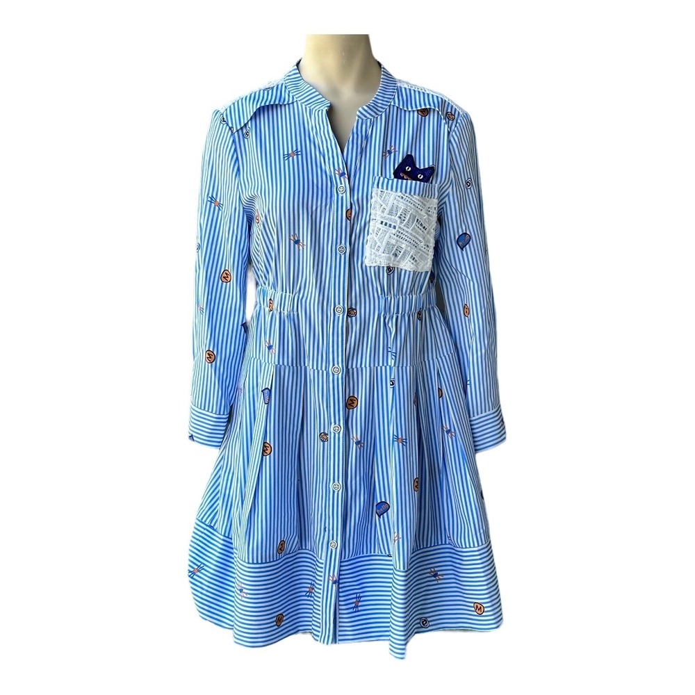 Only Faith Dress Women's Small 3/4 Sleeves Blue Stripes V-Neck Button‎ Pocket